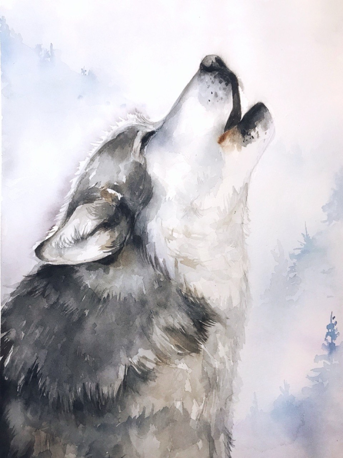 Watercolor portrait of a wolf howling against misty pine trees