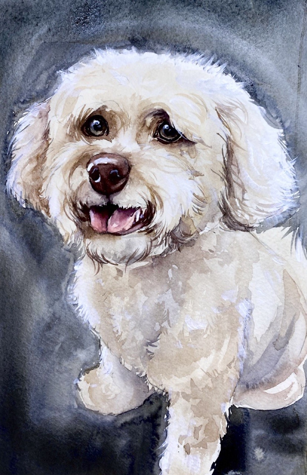 Watercolor portrait of a cream fluffy dog against a dark wash