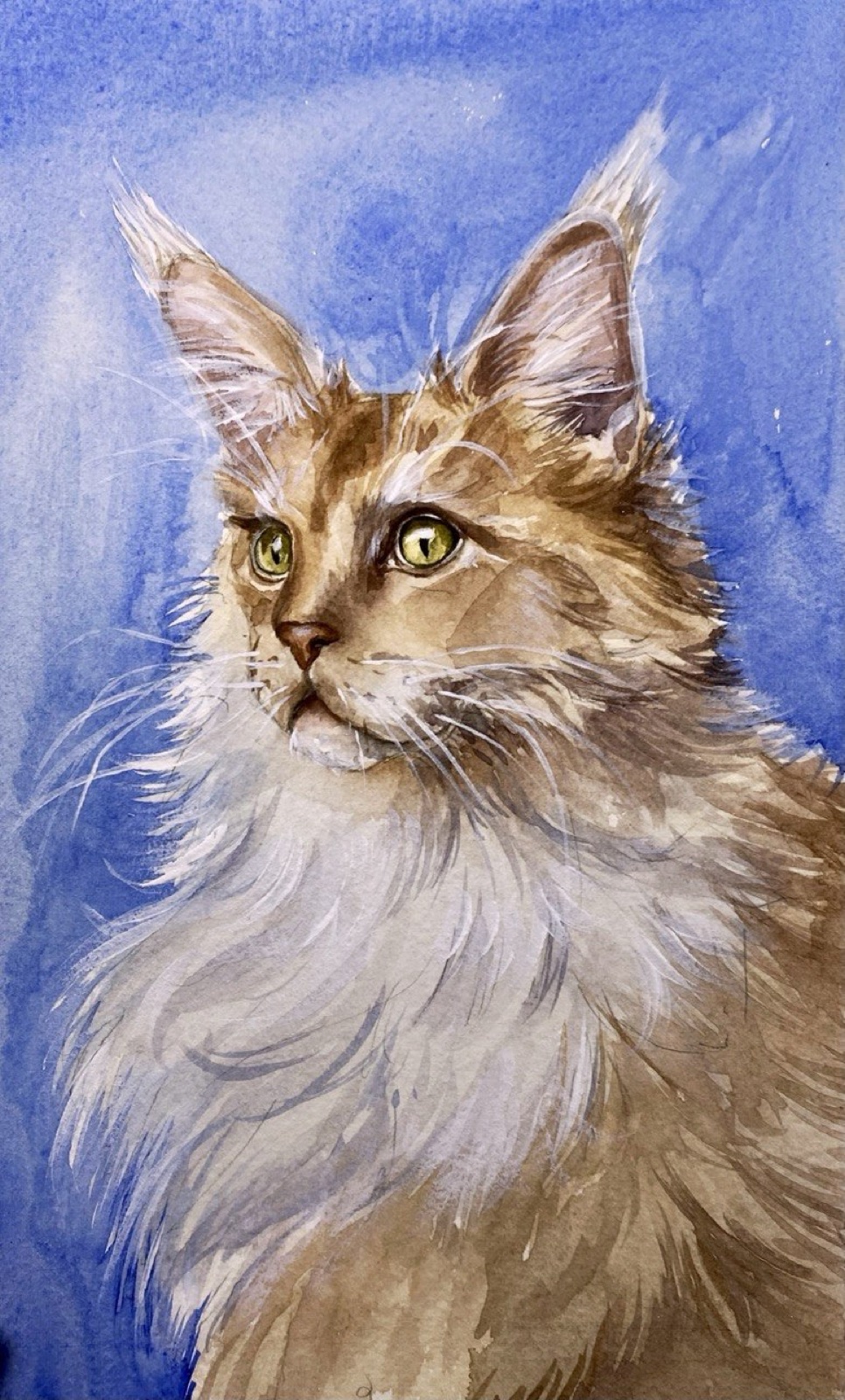 Watercolor portrait of a fluffy tabby Maine Coon with green-gold eyes